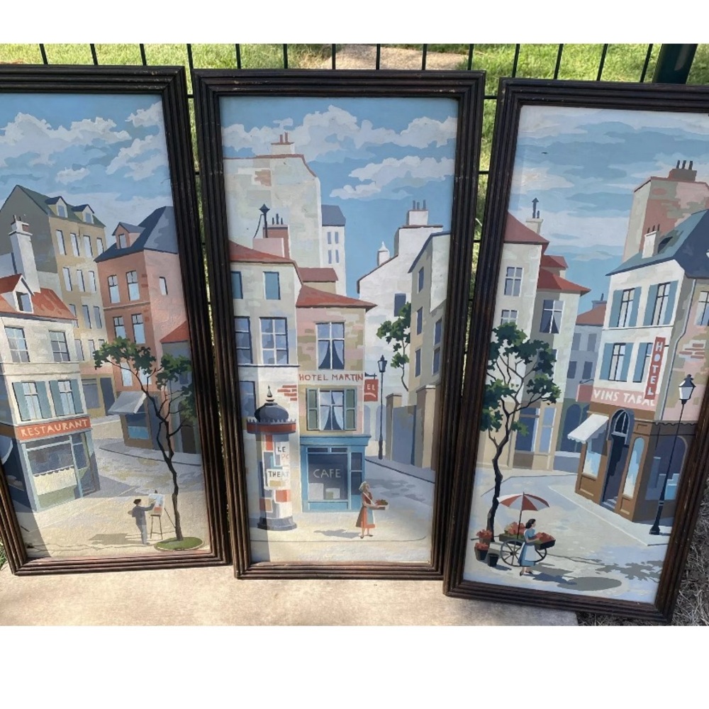 MidCentury Paint By Numbers Framed Paris France 3pc Set RARE Vintage